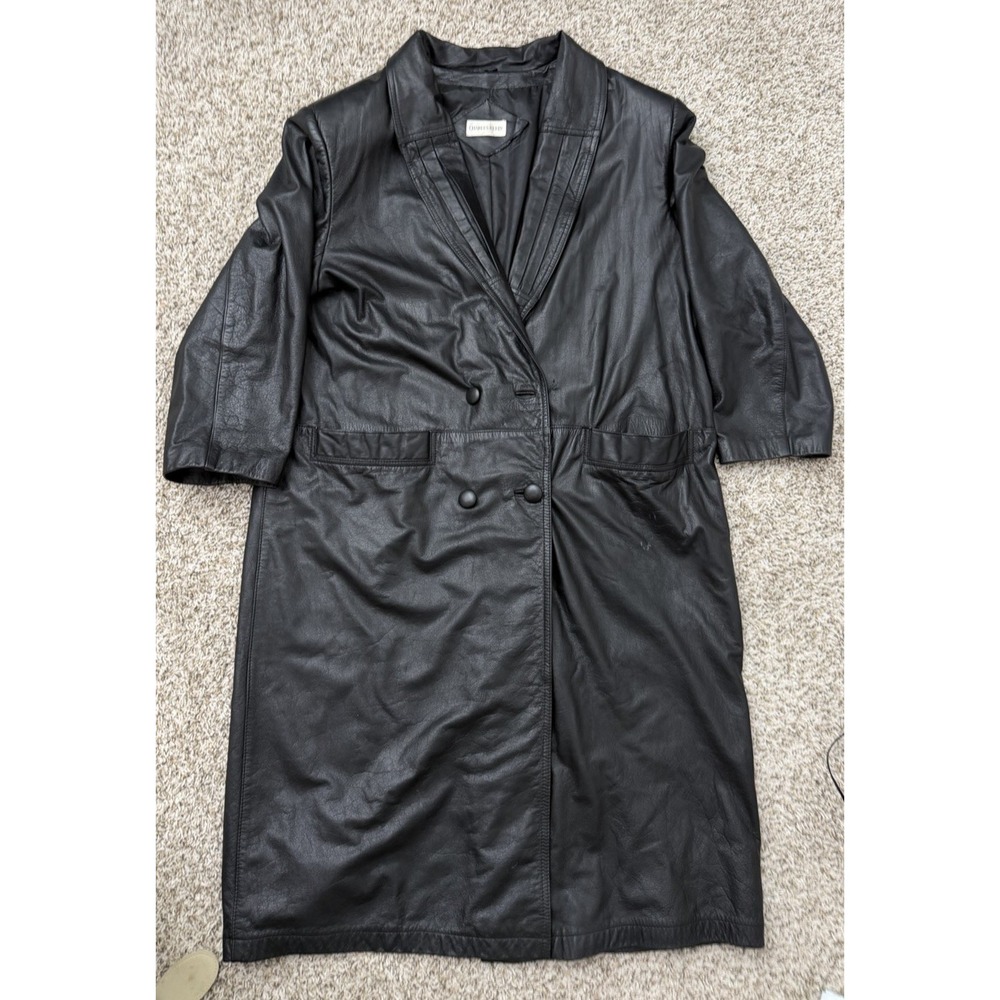 VTG Leather Trench Coat Duster Womens XL Black Matrix Double Breasted 90s